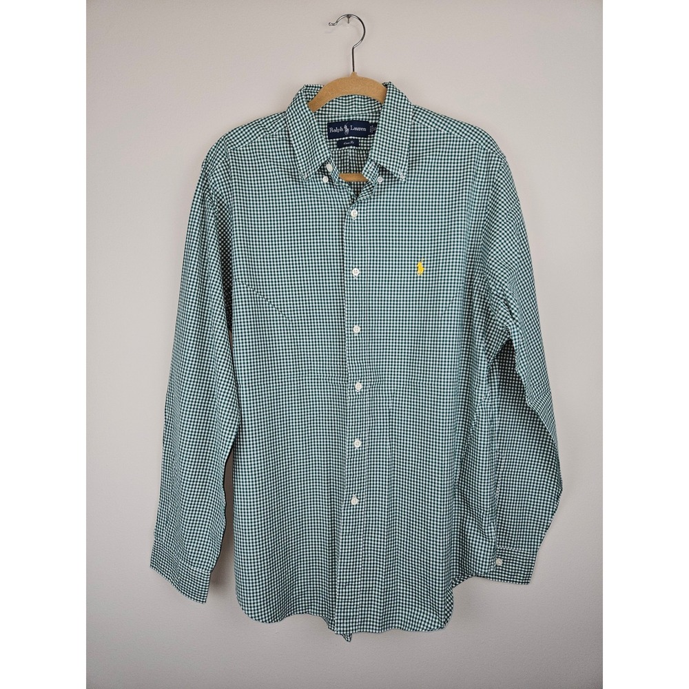 Ralph Lauren Mens Classic Fit Gingham Button Down Shirt Green White 16.5 L